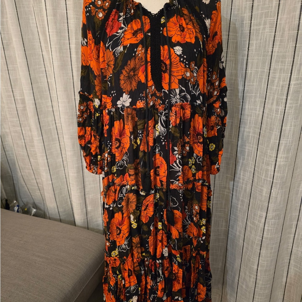 Free People Black Maxi Dress with Bright Orange Floral Print